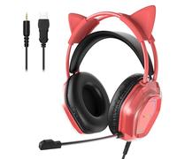 Wantek Cute Cat-Ear Gaming Headset - 50mm Drivers, Noise-Cancelling Mic, 3.5mm Wired Stylish & Lightweight Design (Red)