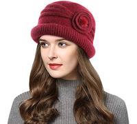 Wantonfy Beanie Hat for Ladies Double Layer Winter Rib Knit Hats Beret Hat French Cap Vintage Knitted Braided Crochet Chic Light Weight Vintage Pretty Classic Red