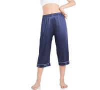 Wantschun Womens Capri Pajama Pants Satin Silk Causal Lounge Bottoms Sleep Pants Nightwear Loose Fit Elastic Waist Navy Blue ; Small