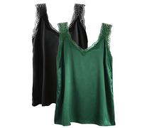 Wantschun Womens Satin Silk Camisole Lace Straps Tank Top Cami V-Neck Pack of 2: Black+Green;Small