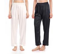Wantschun Womens Satin Silk Sleepwear Pyjama Pants Nightwear Loungewear Pajamas Bottom Trousers Lounge Pants Pack of 2:Black+White UK Size M