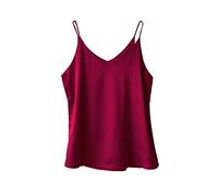 Wantschun Womens Silk Satin Camisole Cami Plain Strappy Vest Top T-Shirt Blouse Tank Shirt V-Neck Spaghetti Strap Basic - Wine Red ; S