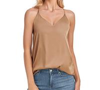 Wantschun Womens Silk Satin Camisole V-Neck Adjustable Spaghetti Strap Racerback Cami Plain Strappy Vest Top T-Shirt Blouse Tank Shirt Racerback - Brown, 3X-Large