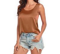 Wantschun Womens Silk Satin Tank Tops Summer Tank Shirt Sleeveless Blouse Camisole Round Neck - Brown ; Small