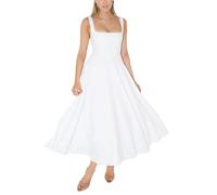 WANWEN Spaghetti Strap Low Cut Bustier Off The Shoulder Dress, Sleeveless Corset Fit Midi Dress, Boho Elegant Sexy A-line Dress, Summer Casual Pleated Hem Beach Flowy Dress (White,M)