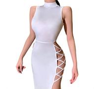 WANWEN Women's Cut Out Dress High Slit Side Lace Up, Ladies Sexy Party Dresses, Women's Solid Sleeveless Mock Neck Dress, Maxi Tank Dress, Party Club Dresses (White,L)