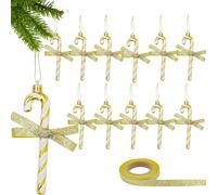 WANYI 12 PCS Christmas Tree Decorations Glitter Candy Cane Hanging Ornament with 10 Yard Ribbon for Indoor Outdoor Winter Xmas New Year Party Wedding Decor (Gold)
