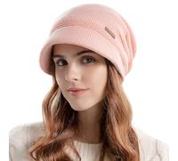 WANYI Winter Hats for Women Slouchy Beanie Hat Double Layer Knit Visor Hat Fleece Lined Thermal Ski Skull Cap with Brim for Ladies 55-60 CM (Pink)