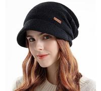 WANYI Winter Hats for Women Slouchy Beanie Hat Double Layer Knit Visor Hat Fleece Lined Thermal Ski Skull Cap with Brim for Ladies 55-60 CM(Black )
