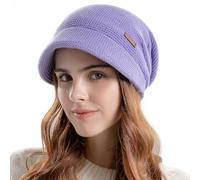 WANYI Winter Hats for Women Slouchy Beanie Hat Double Layer Knit Visor Hat Fleece Lined Thermal Ski Skull Cap with Brim for Ladies 55-60 CM Purple
