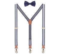 WANYING 2.5 cm Suspenders Bow Tie Sets for Men and Women Y Shape Retro PU Leather Snap Hook Suspender Elastic Adjustable for Height 150-200 cm - Striped White Dark Blue