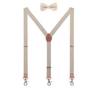 WANYING 2.5 cm Suspenders Bow Tie Sets for Men and Women Y Shape Retro PU Leather Snap Hook Suspender Elastic Adjustable for Height 150-200 cm Plain - Khaki
