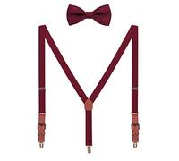 WANYING Braces Bow Tie Set for Men Women Retro PU Leather 3 Rustproof Clips Y-Back 2.5cm Suspenders Elastic Fits Height 140-190cm - Bordeaux Red