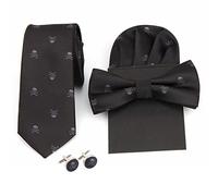 WANYING Men's 6 cm Necktie & Tied Bow Tie & Pocketkerchief & Cufflinks 4 in 1 Grey Skull Pattern Set Yuppie Trend Fashion Casual Cool - Black