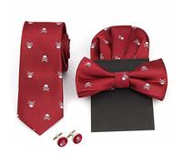 WANYING Men's 6 cm Necktie & Tied Bow Tie & Pocketkerchief & Cufflinks 4 in 1 White Skull Pattern Set Yuppie Trend Fashion Casual Cool - Bordeaux