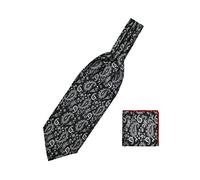 WANYING Men's Retro Ascot Tie & Pocket Squares 2 in 1 Sets, Ascot Necktie Cravat Chic and Warm for Gentleman - Black Silver Paisley