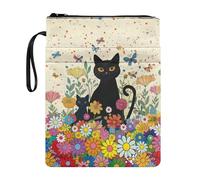 Wanyint Black Cat Hippie Flower Book Cover Daisy Floral Book Sleeve Protector with Zipper and Front Pocket 11.7 x 8.4 Inch for Library School Office Club