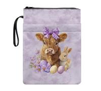 Wanyint Book Cover Book Sleeve with Zipper and Front Pocket 11.7 x 8.4 Inch Durable Book Protector for Women Men Teacher Reader, Easter Highland Cow Bunny Eggs Daisy Violet