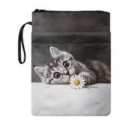 Wanyint Book Cover Book Sleeve with Zipper and Front Pocket 11.7 x 8.4 Inch Durable Book Protector for Women Girls Teacher Reader, Cute Cat Daisy Grey