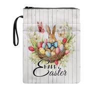 Wanyint Book Cover Book Sleeve with Zipper and Front Pocket 11.7 x 8.4 Inch Durable Book Protector for Women Men Teacher Reader, Happy Easter Bunny Eggs Butterfly Wood Grain