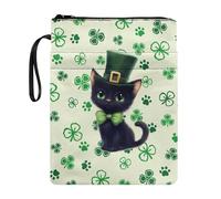 Wanyint Book Sleeve Book Cover for Paperbacks Washable Fabric Book Sleeve with Zipper 11.4’’ x 8.7’’ for Graduation Anniversary St. Patrick's Day, Black Cat Paw Clover Green