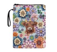 Wanyint Book Sleeve Book Pouch Washable Fabric Book Protector with Zipper 11.4" x 8.7" Book Cover for Book Lovers Friends, Highland Cow Boho Floral