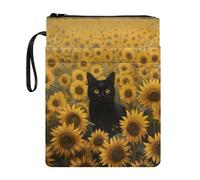 Wanyint Book Sleeve Washable Fabric Book Cover with Zipper & Handle Strap for Reader Multifunctional Book Protector 11.4 x 8.7 Inch, Black Cat Sunflower