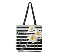 Wanyint Canvas Tote Bag Daisy Flower Travel School Outdoors Grocery Bag for Women Teens Girls Black White Stripe Print Portable Grocery Handbag Crossbody Business Work Bag
