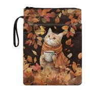 Wanyint Cat Autumn Leaf Book Sleeve Cover for Paperback Washable Fabric Zippered Fall Autumn Book Protector for Library School Office 11.4" x 8.7"