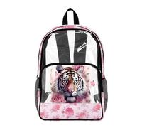 Wanyint Clear School Backpack Multi-Pocket Transparent Bookbag for School, 17 Inch Extra Large Daypack See Through Bag with Front Pocket for College Work Travel, Pink Rose Tiger