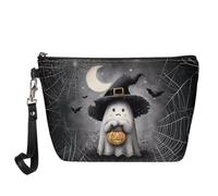 Wanyint Cute Ghost Witch Makeup Bag Toiletry Bag Halloween Cosmetic Organizer for Women Girls, Large Capacity Versatile PU Leather Handbag Portable Travel Makeup Pouch with Handle