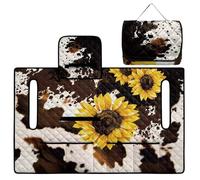 Wanyint Golf Cart Accessories Seat Covers with 4 Pockets, Foldable Design for Easy Carry Quilted Towel Seat Cover Easy to Install for EZGO Club Cars, Sunflower Brown Cow Print