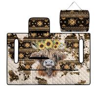 Wanyint Golf Cart Seat Cover Blanket with Fold-Away Design, Universal Golf Accessories with 4 Pockets, Compatible with EZGO Club Cars and More, Aztec Highland Cow Sunflower Vintage