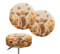 Wanyint Highland Cow Maple Leaf Stool Covers Round Elastic 14"-16" Round Bar Stool Seat Cover Protector Breathable Saddle Stool Slipcover for Autumn Decor, 2 Count
