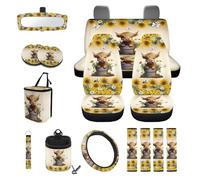 Wanyint Highland Cow Sunflower Car Front Back Seat Covers Full Set, with Car Steering Wheel Cover Safe Belt Pads Coasters Garbage Can Rear View Mirror Cover Keychain Air Vent Storage Holder, Set of 15