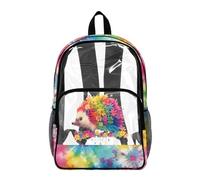 Wanyint Large Clear Backpack with Multiple Pockets, Heavy Duty Large PVC Transparent Bag 17 Inch College Backpack See Through Book Bag for Stadium Concert Beach, Colorful Hedgehog Hippie Flower