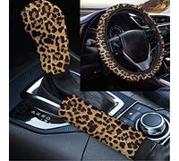 Wanyint Leopard Car Steering Wheel Cover, Gear Shift Knob Cover Grip Covers Handle Cover Sleeve Universal fit for SUV Truck Vans Sedans Auto Accessories Case Sleeve