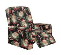 Wanyint Santa Claus Holly Candy Canes Cover for Recliner Stretch Single Seat Couch Cover 4 Pieces Polyester Spandex Recliner Slipcover with Side Pocket for Christmas Home Decor