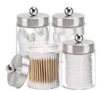 Wanym 4 Pack Cotton Pad Holder with Lid Acrylic, Cotton Swab, Cotton Round Pads, Floss Picks Small Clear Plastic Apothecary Jar Set for Bathroom Canister Storage Organization,Silver
