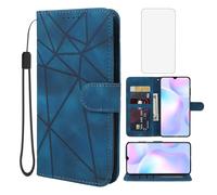 Wanyuexes Case for Redmi 9A/Redmi 9i/Redmi 9AT M2006C3LG Wallet Case with Tempered Glass Screen Protector, Skin Feel PU Leather Flip Folio Credit Card Holder Stand Phone Cover for Xiaomi Redmi 9A Blue
