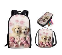 Wanzuoeng Golden Retriever Printed Backpack Set with Lunch Box and Pencil Pouch, Rose Printed 3 Pcs Schoolbag for Boys Girls Teens with Adjustable Strap, 17 Inch Knapsack for Travel Camping