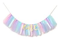 WAOUH Baby Girl Banner for 1st Birthday - Highchair Banner for First Birthday Decoration, Cake Smash Photo Prop, Tulle Garland Banner (Light Aqua and Light Blue)