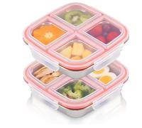 Wapasezyar Pack of 2 Snack Boxes with Compartments, Stainless Steel, Reusable Snack Box with 4 Compartments, Stainless Steel, Bento Box for Snacks, Nuts, Vegetables & Rice, Dishwasher Safe
