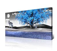 Wapluam Large Canvas Wall Art For Living Room Wall Decor For Bedroom Modern Office Decorations Blue Tree and Wolfs Wall Pictures Black And White Paintings Room Canvas Art Prints Home Decor Artwork