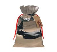 (War plane) Print Christmas New Year Candy Gift Bag, Red Xmas Ribbon Drawstring Bags for Kids Xmas Holiday Eve Presents S Size