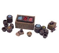 War World Gaming Fantasy Village Street Market Stall and Barrels Set - 28mm Heroic Scale Wargaming Terrain Model Diorama Scenery Wargame Tabletop Medieval Battle Wargame Battleboard