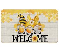 WARDOS Gnome Sunflower Welcome Door Mat, Spring Summer Yellow Floral Doormat for Front Door Porch Outdoor Indoor Entrance, Bee Gnome Welcome Doormat Outside, 17x30 Inches