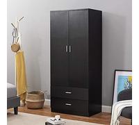 Wardrobe 2 Door 2 Drawer Wooden Clothes Storage Cupboards Unit with Hanging Rail Storage Bedroom Unit Furniture (Black)