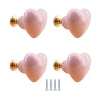 Wardrobe Handles 4 Pack Ceramic Heart Shape Knob Brass Wardrobe Knob with Screws for Cabinets Bathroom Wardrobes Dressing Table Drawer Pulls(Brass Light Pink Heart)