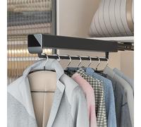 Wardrobe pull out clothes hanger rail, Aluminum alloy, Retractable Wardrobe sliding hanging rail，Acrylic mirror handle，Double row slide rail，Bearing 30 kg (Color : Black, Size : 37.5cm)